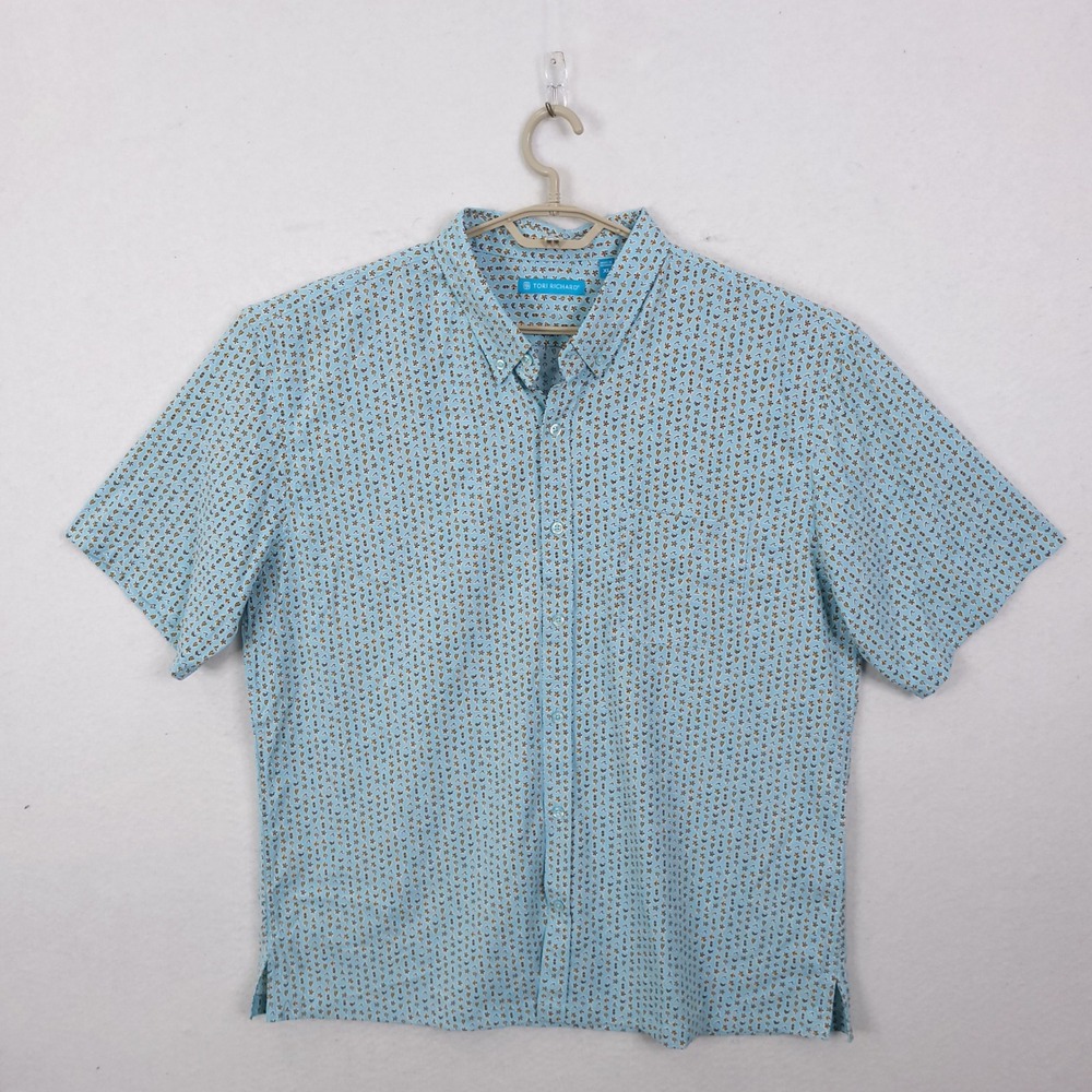 Tori Richard Button Down Shirt Mens XL Blue Tropical Sea Turtle Starfish Stretch